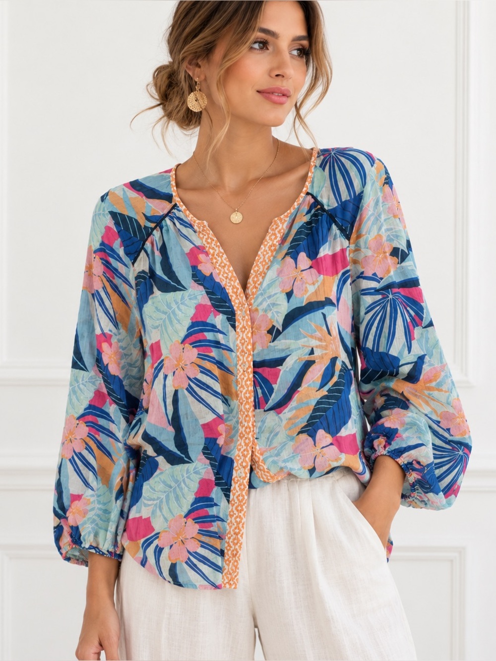 Sundance Tropical Floral Button Front Blouse PXL Blue Pink Orange Balloon Sleeve